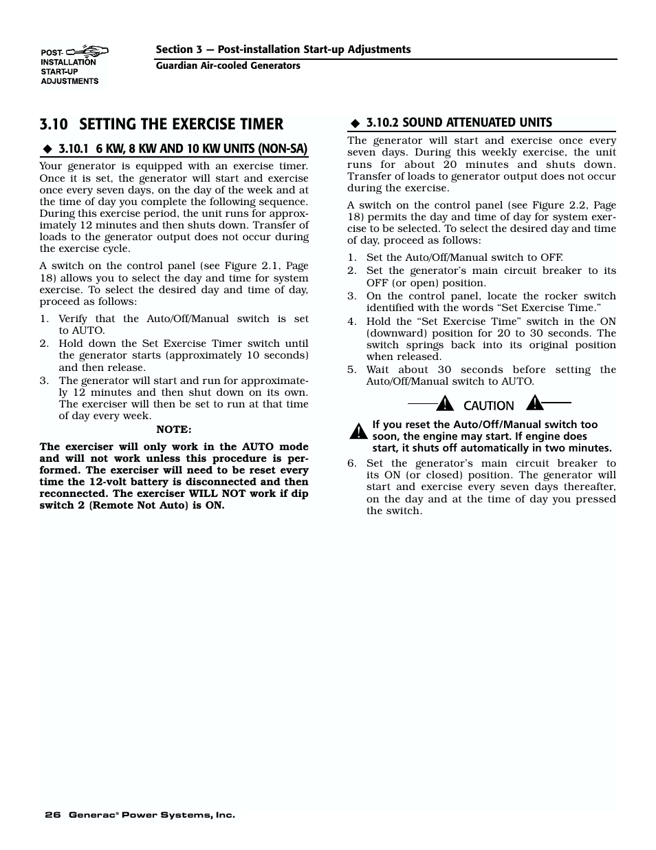 1 6 kw, 8 kw and, 10 kw units (non-sa), 2 sound attenuated units | 10 setting the exercise timer | Generac 04077-01 User Manual | Page 28 / 32