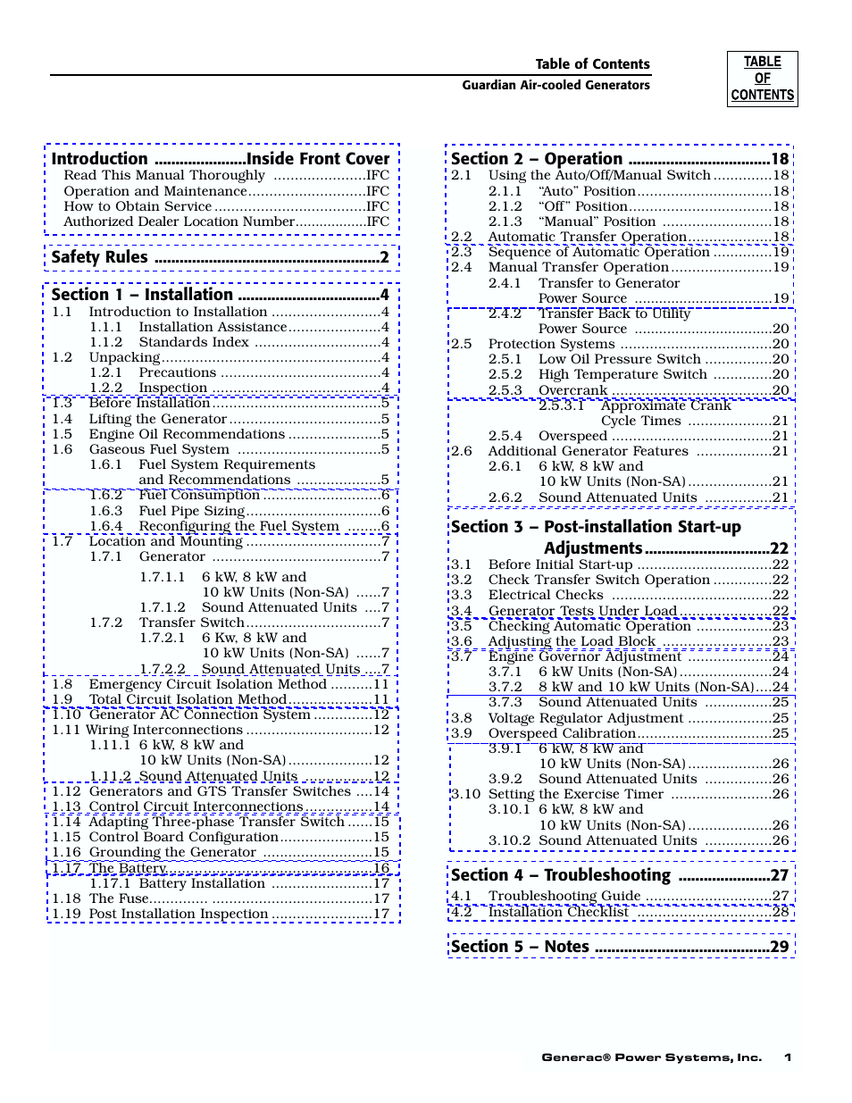 T.o.c | Generac 04077-01 User Manual | Page 3 / 32