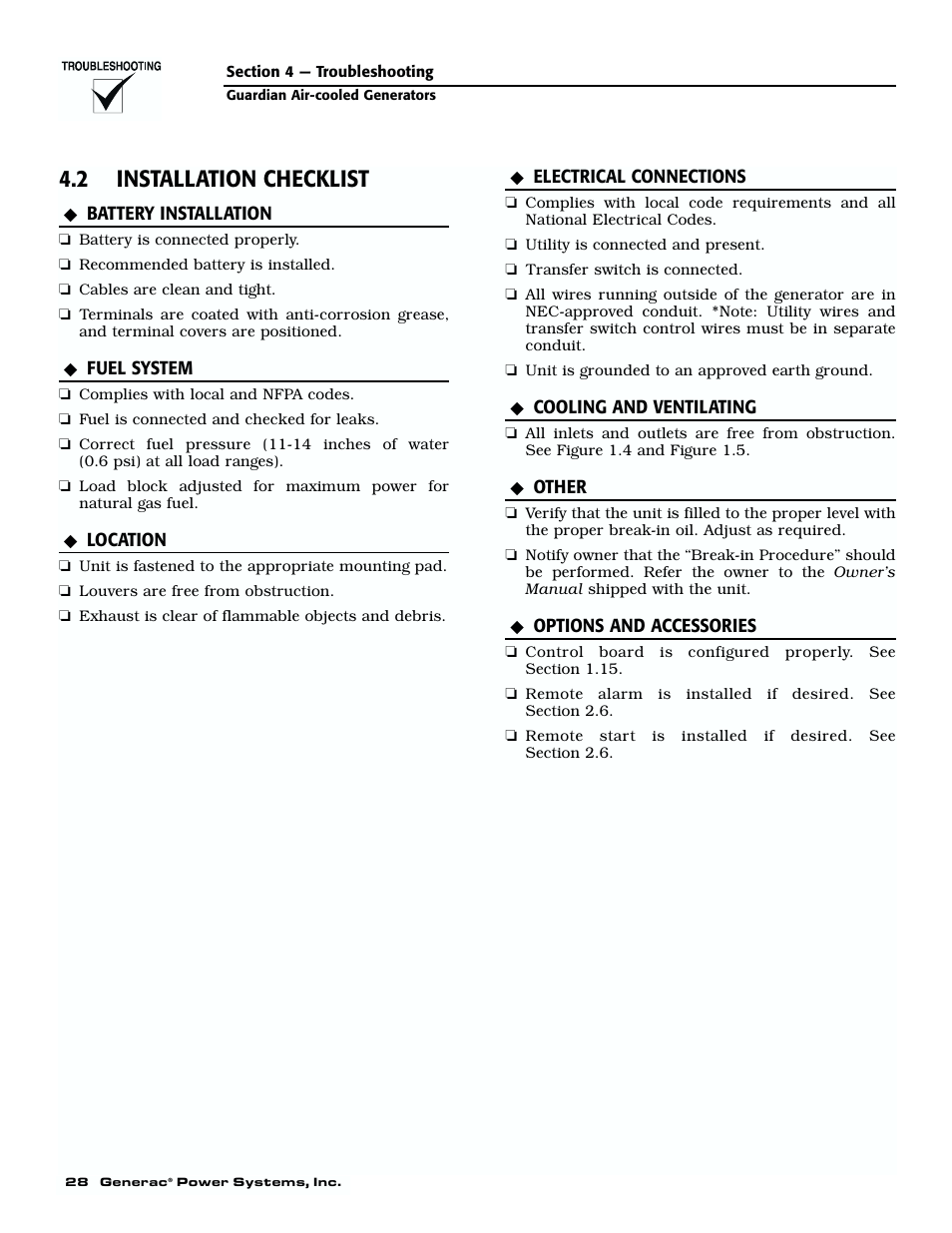 Installation checklist, 2 installation checklist | Generac 04077-01 User Manual | Page 30 / 32