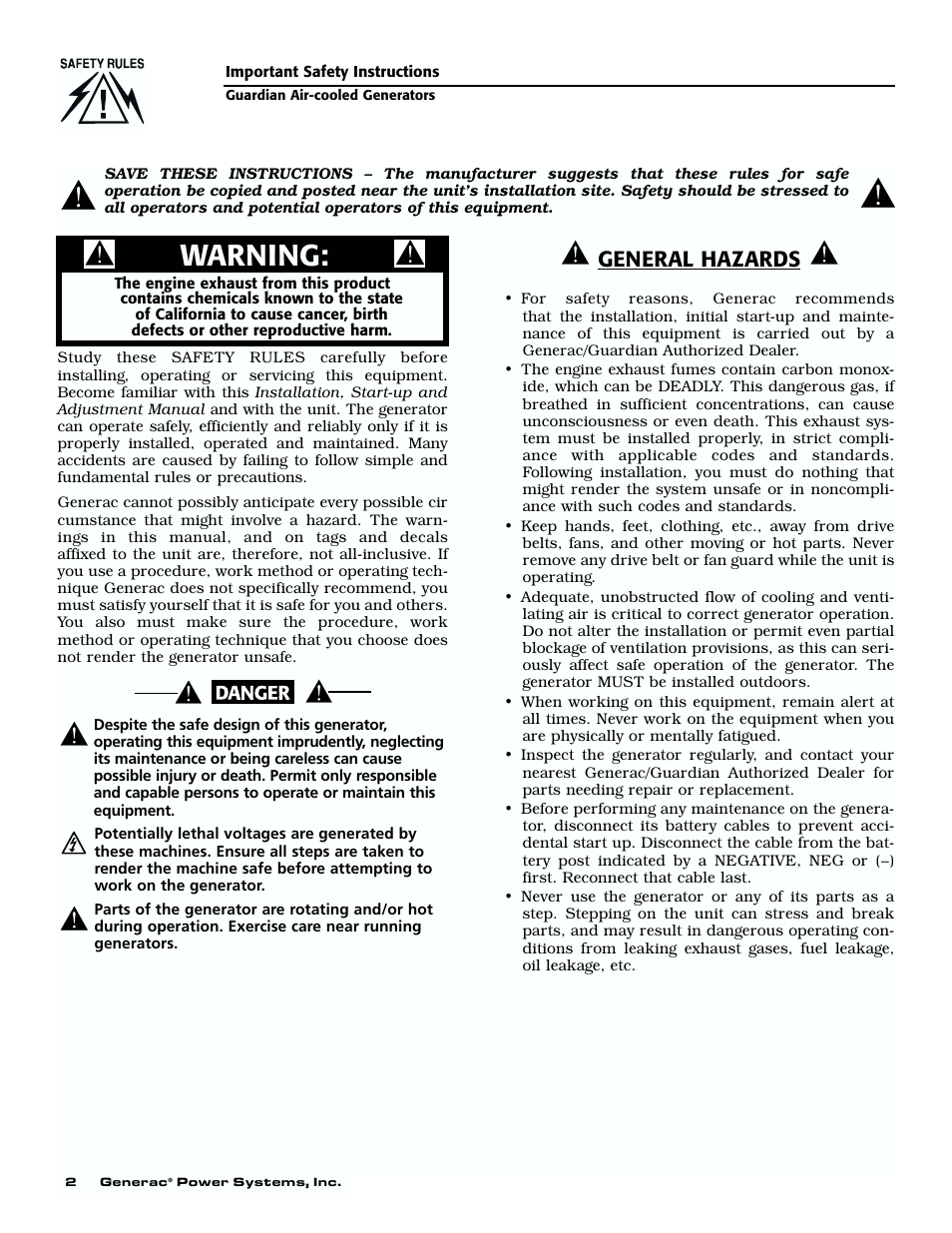 Safety rules, Warning, General hazards | Generac 04077-01 User Manual | Page 4 / 32