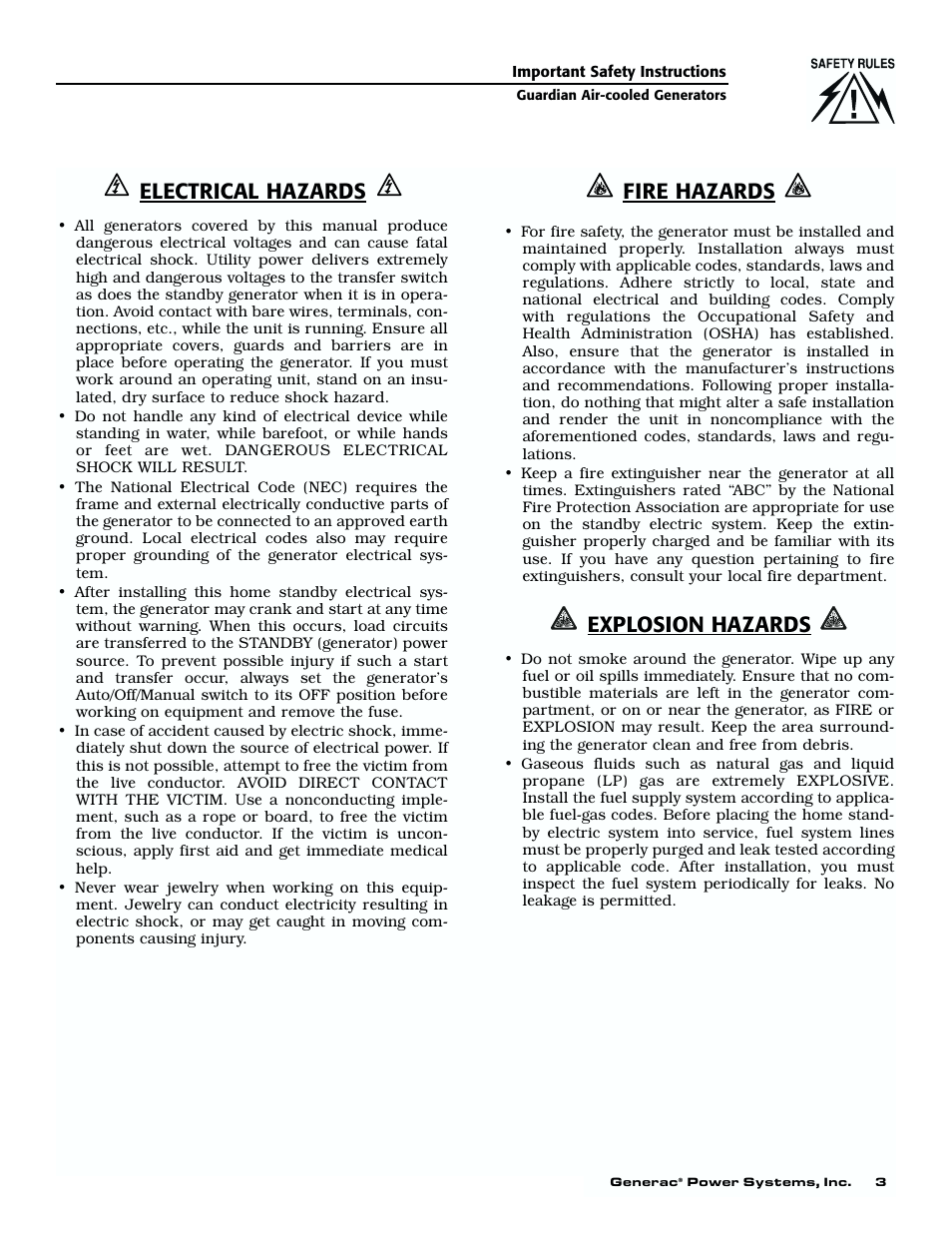 Electrical hazards, Fire hazards, Explosion hazards | Generac 04077-01 User Manual | Page 5 / 32