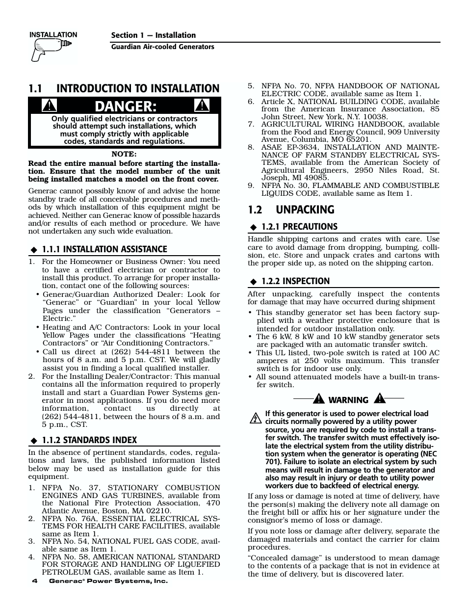 Installation, Section 1 – installation, 1 introduction to installation | 1 installation assistance, 2 standards index, 2 unpacking, 1 precautions, 2 inspection, Danger | Generac 04077-01 User Manual | Page 6 / 32