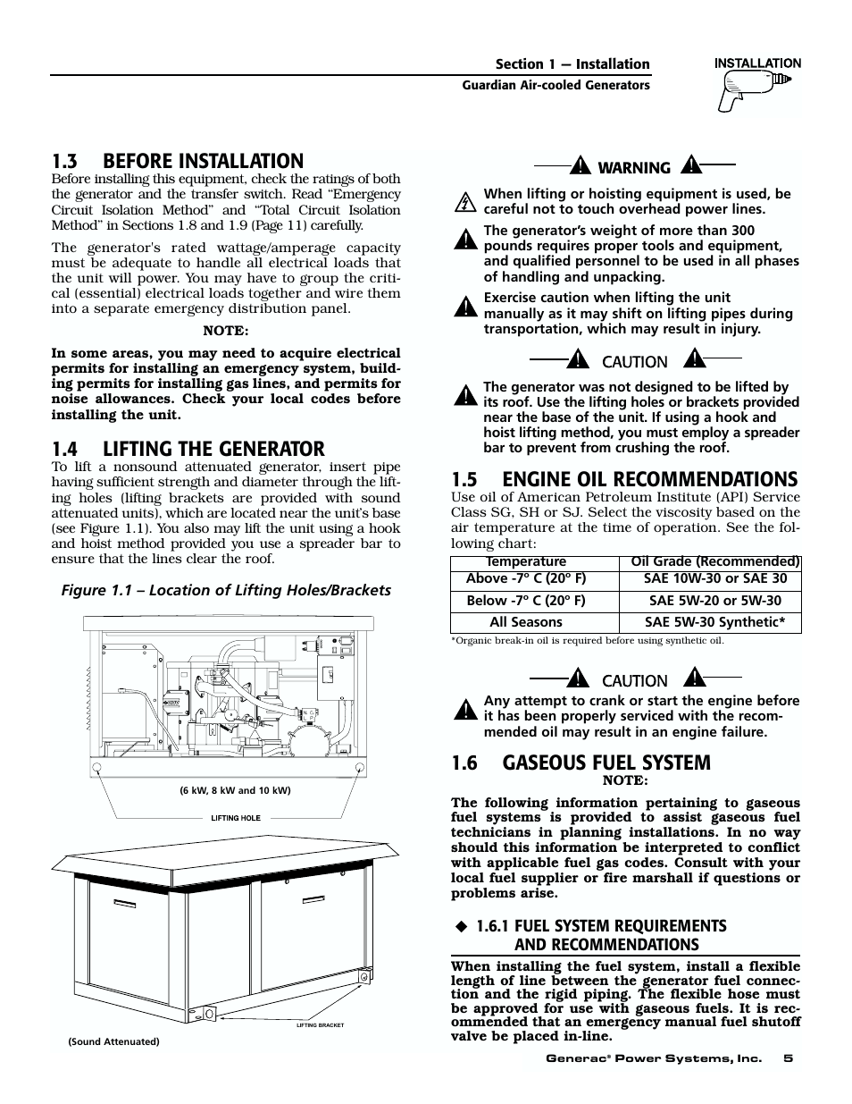 3 before installation, 4 lifting the generator, 5 engine oil recommendations | 6 gaseous fuel system, 1 fuel system requirements, And recommendations | Generac 04077-01 User Manual | Page 7 / 32