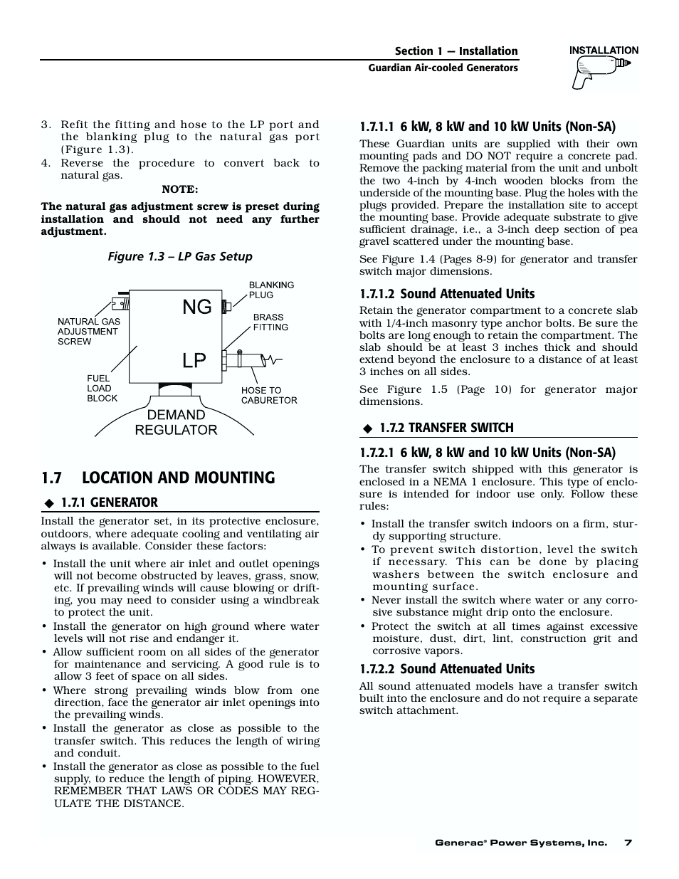 7 location and mounting, 1 generator, 1 6 kw, 8 kw and | 10 kw units (non-sa), 2 sound attenuated units, 2 transfer switch | Generac 04077-01 User Manual | Page 9 / 32