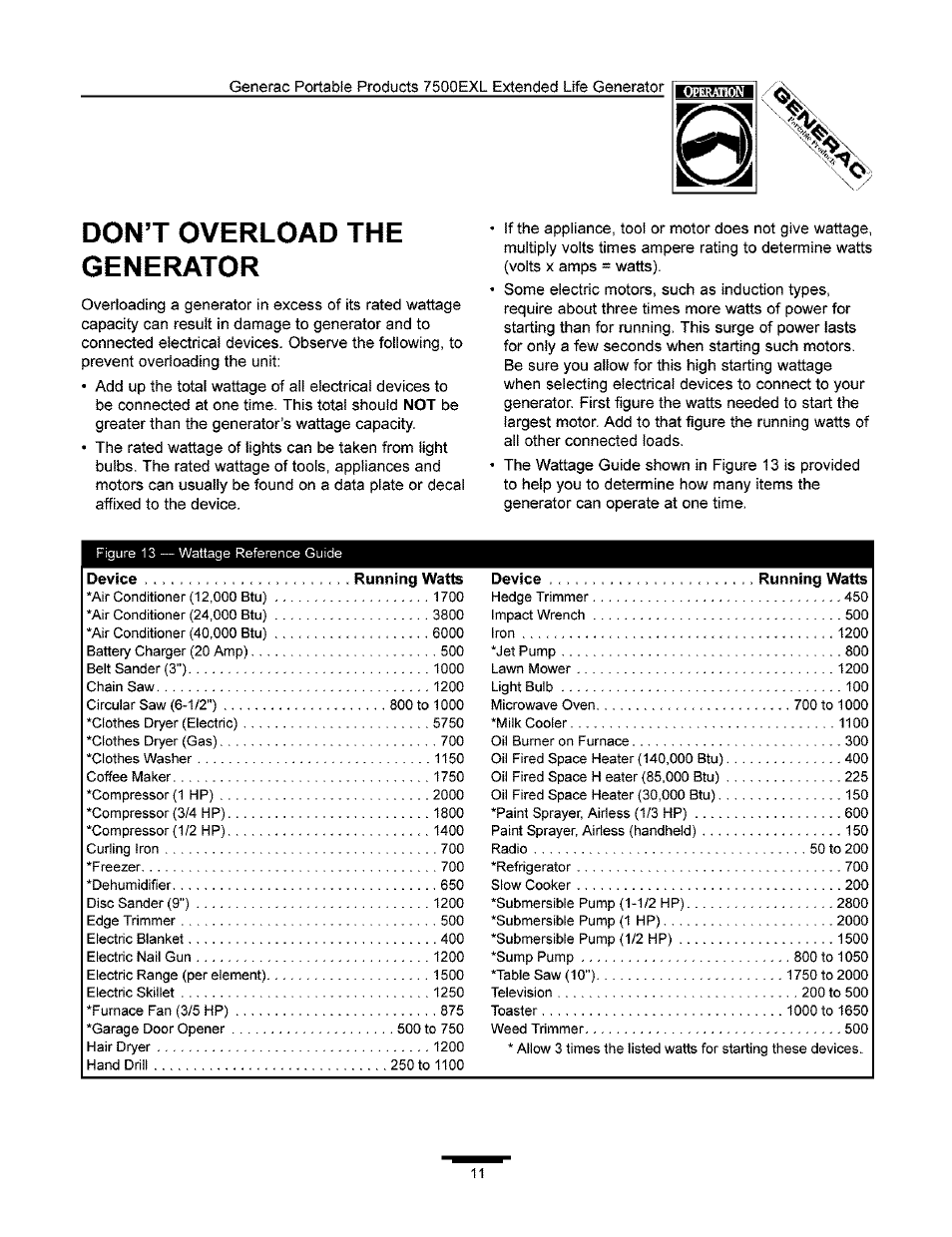 Dont overload the generator | Generac 7500 User Manual | Page 11 / 20