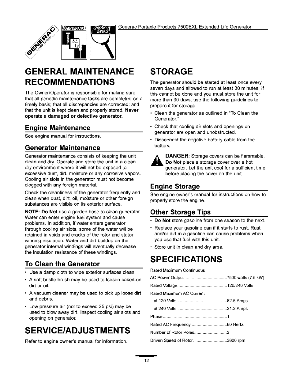 General maintenance recommendations, Service/adjustments, Storage | Specifications, Engine maintenance, Generator maintenance, Engine storage, Other storage tips | Generac 7500 User Manual | Page 12 / 20