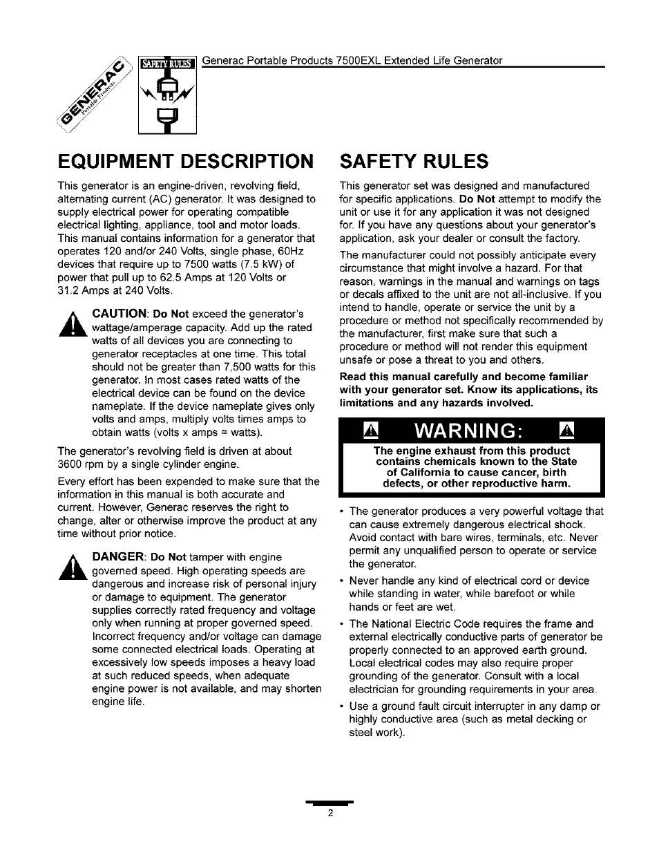 Equipment description safety rules, Warning: 0 | Generac 7500 User Manual | Page 2 / 20