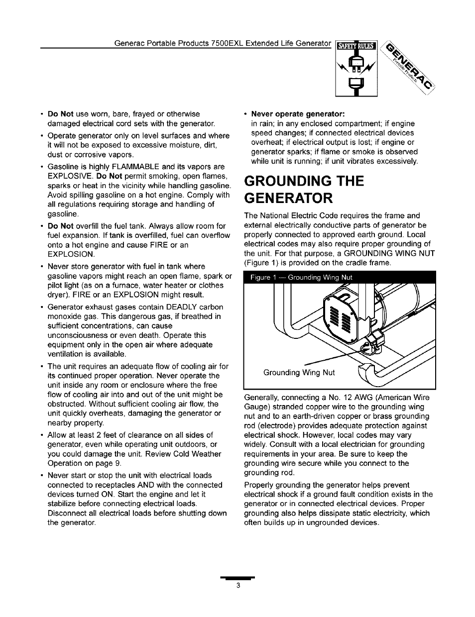 Grounding the generator | Generac 7500 User Manual | Page 3 / 20