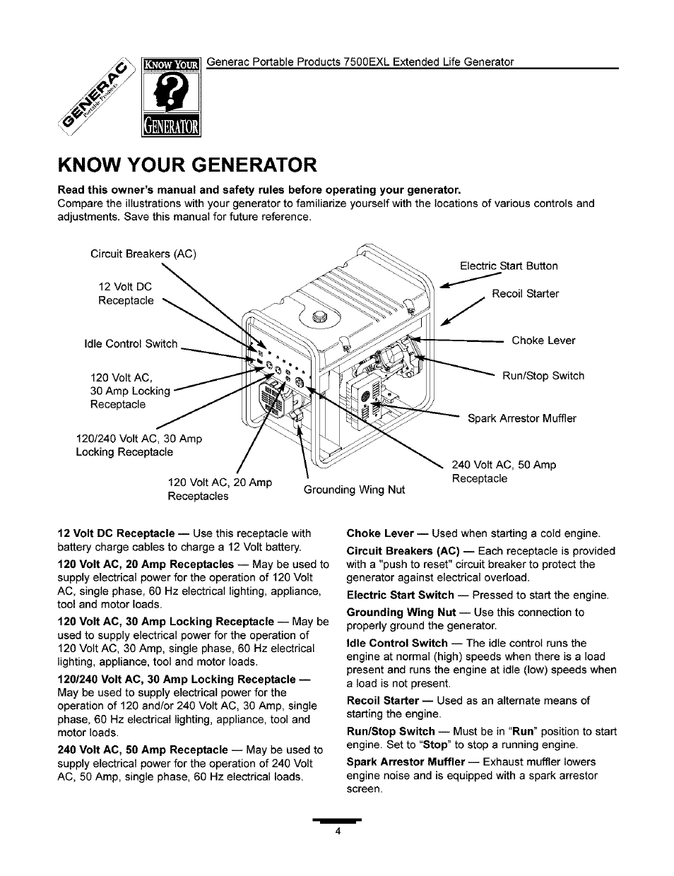 Know your generator, Gffleeator | Generac 7500 User Manual | Page 4 / 20