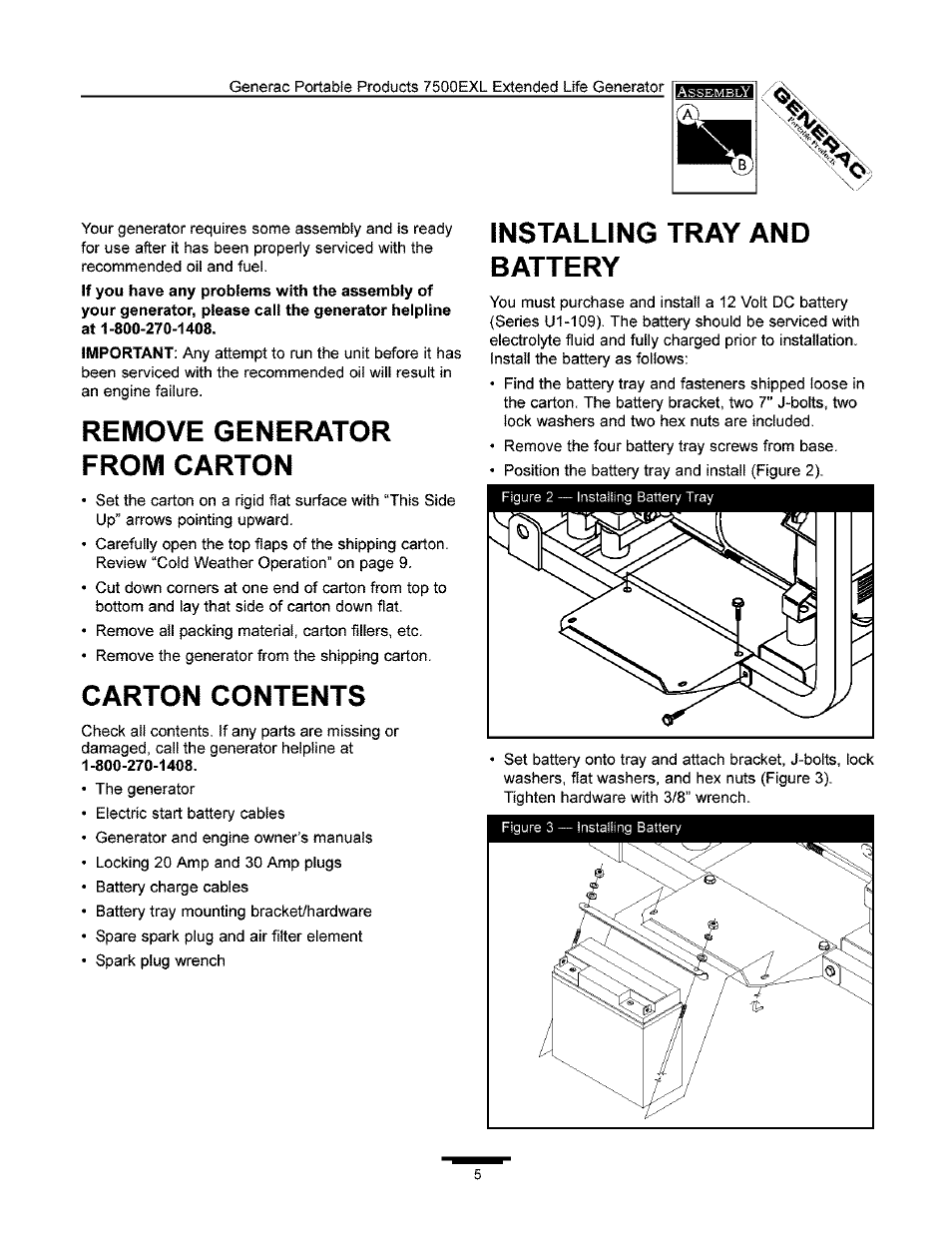 Remove generator from carton, Carton contents, Installing tray and battery | Generac 7500 User Manual | Page 5 / 20