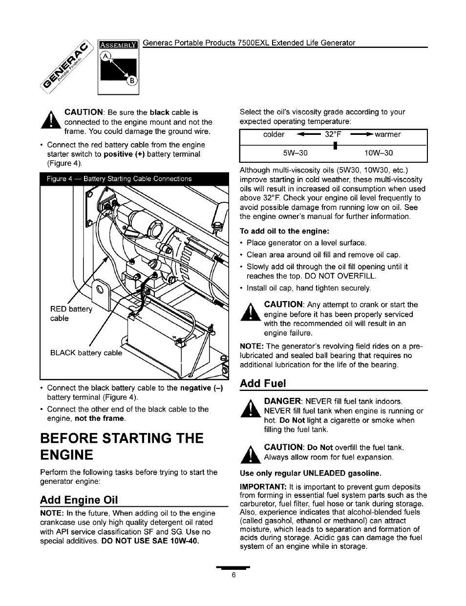 Before starting the engine, Add engine oil, Add fuel | Generac 7500 User Manual | Page 6 / 20