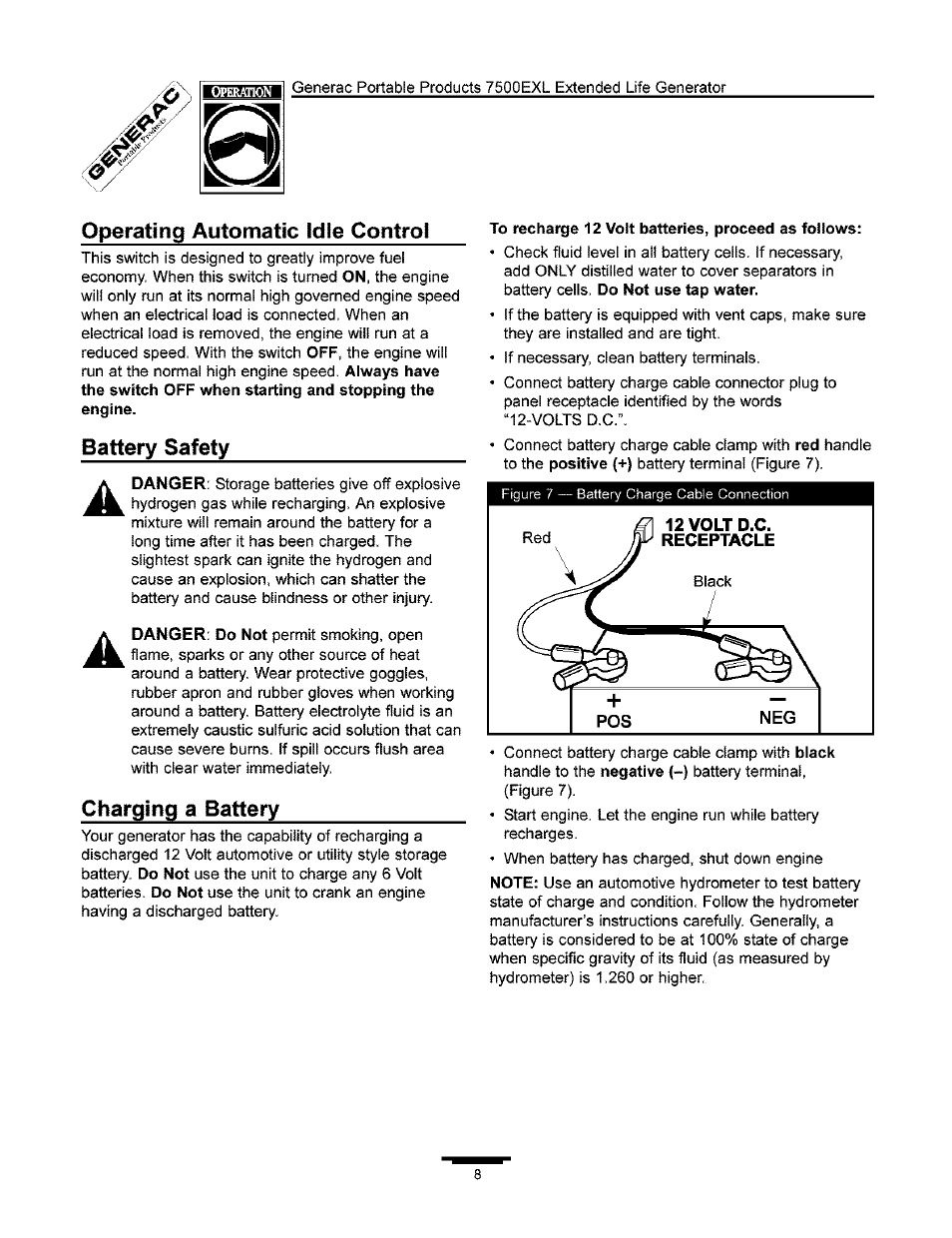 Operating automatic idle control, Battery safety, Charging a battery | Generac 7500 User Manual | Page 8 / 20