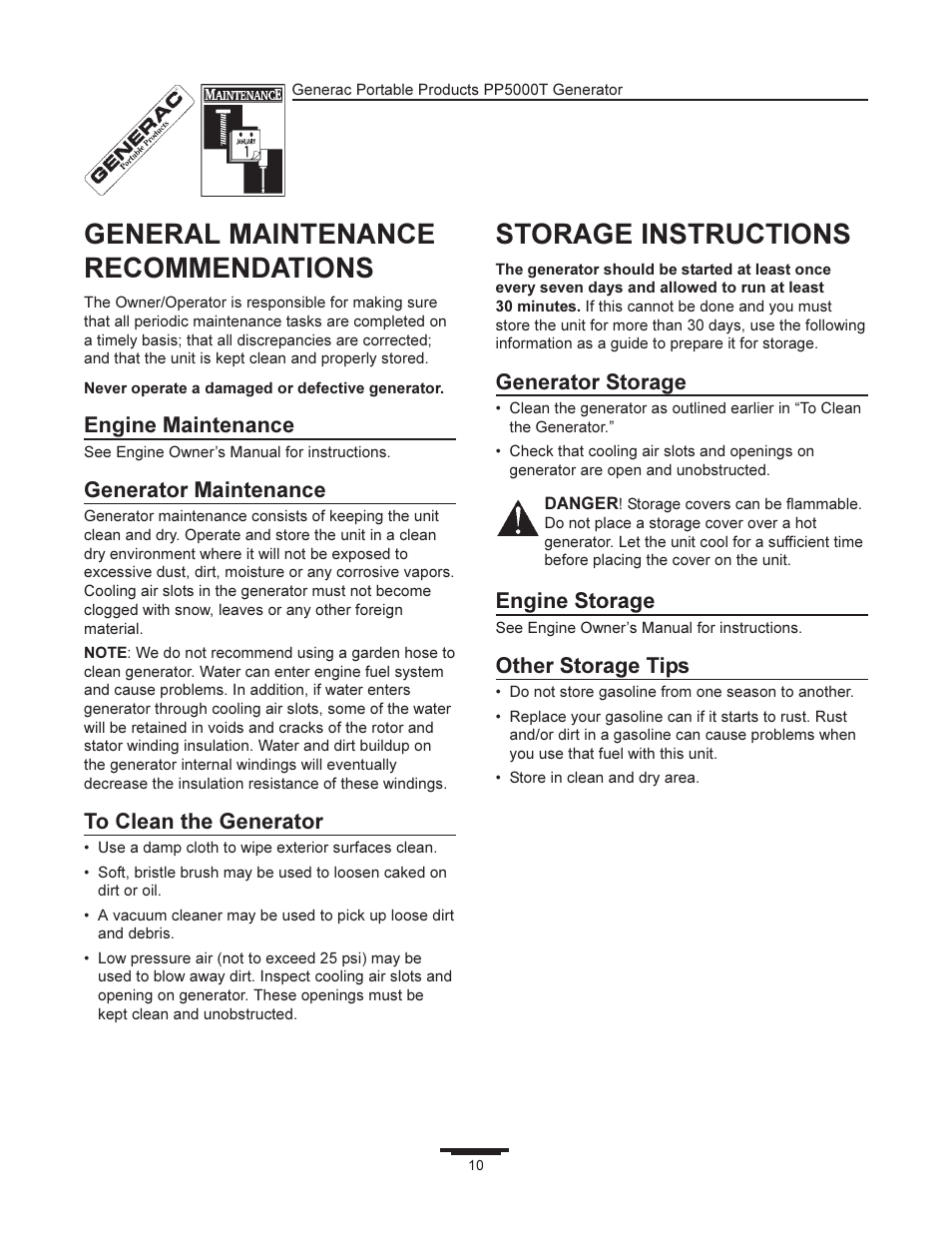 General maintenance recommendations, Storage instructions, Engine maintenance | Generator maintenance, Generator storage, Engine storage, Other storage tips | Generac 11400 User Manual | Page 10 / 16