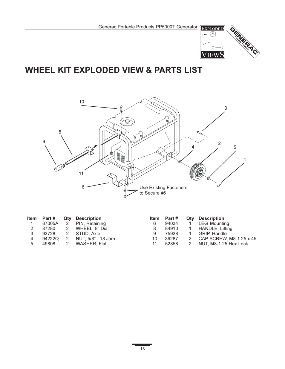 Wheel kit exploded view & parts list | Generac 11400 User Manual | Page 13 / 16