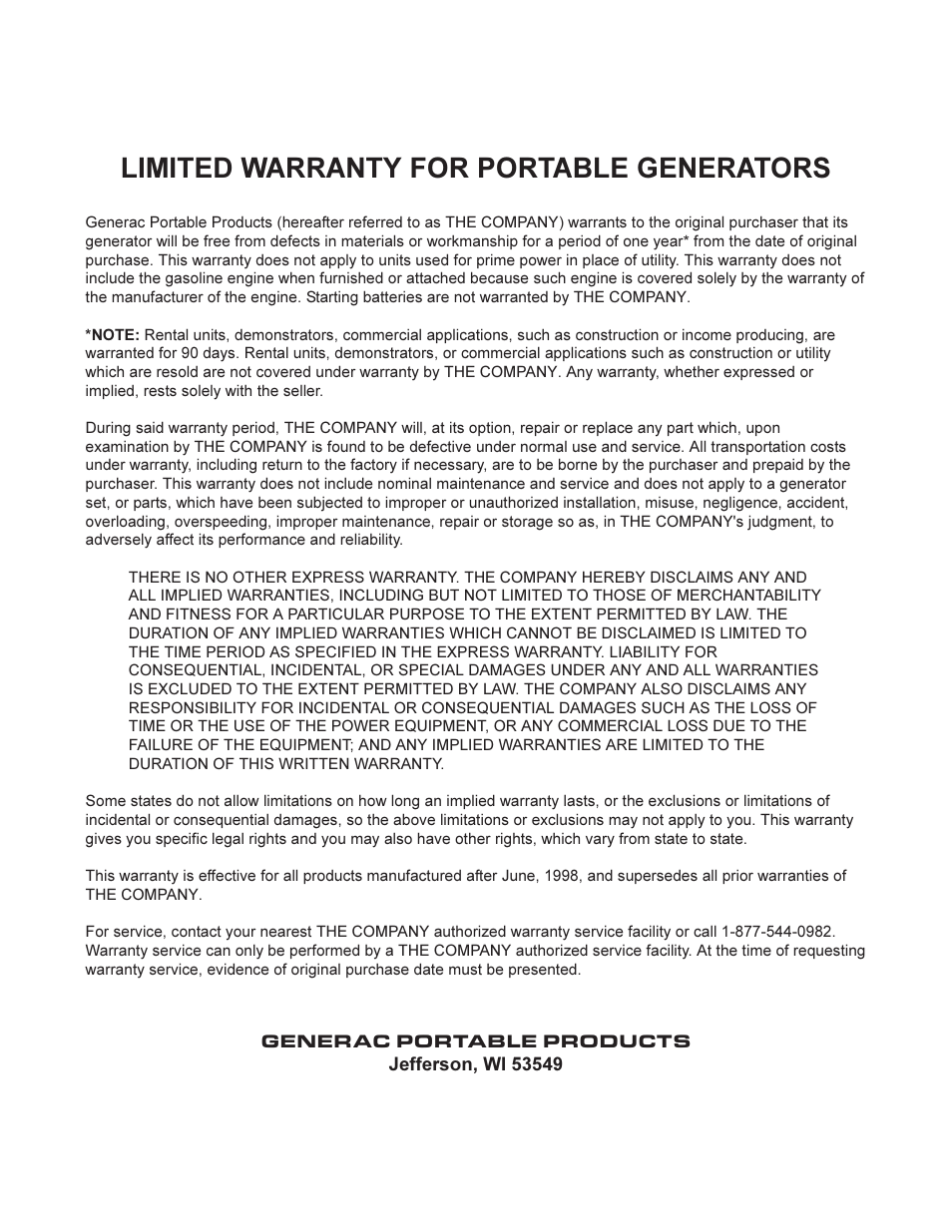 Limited warranty for portable generators | Generac 11400 User Manual | Page 16 / 16