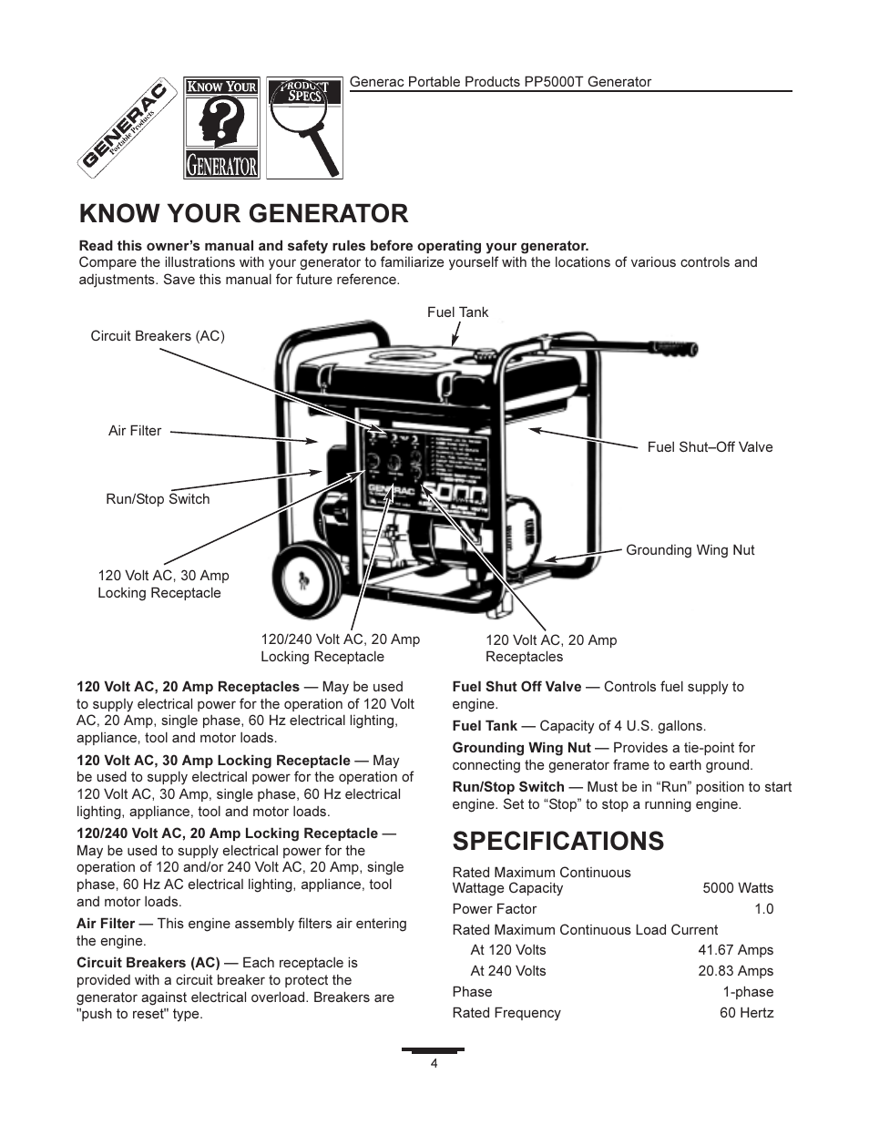 Specifications, Know your generator | Generac 11400 User Manual | Page 4 / 16