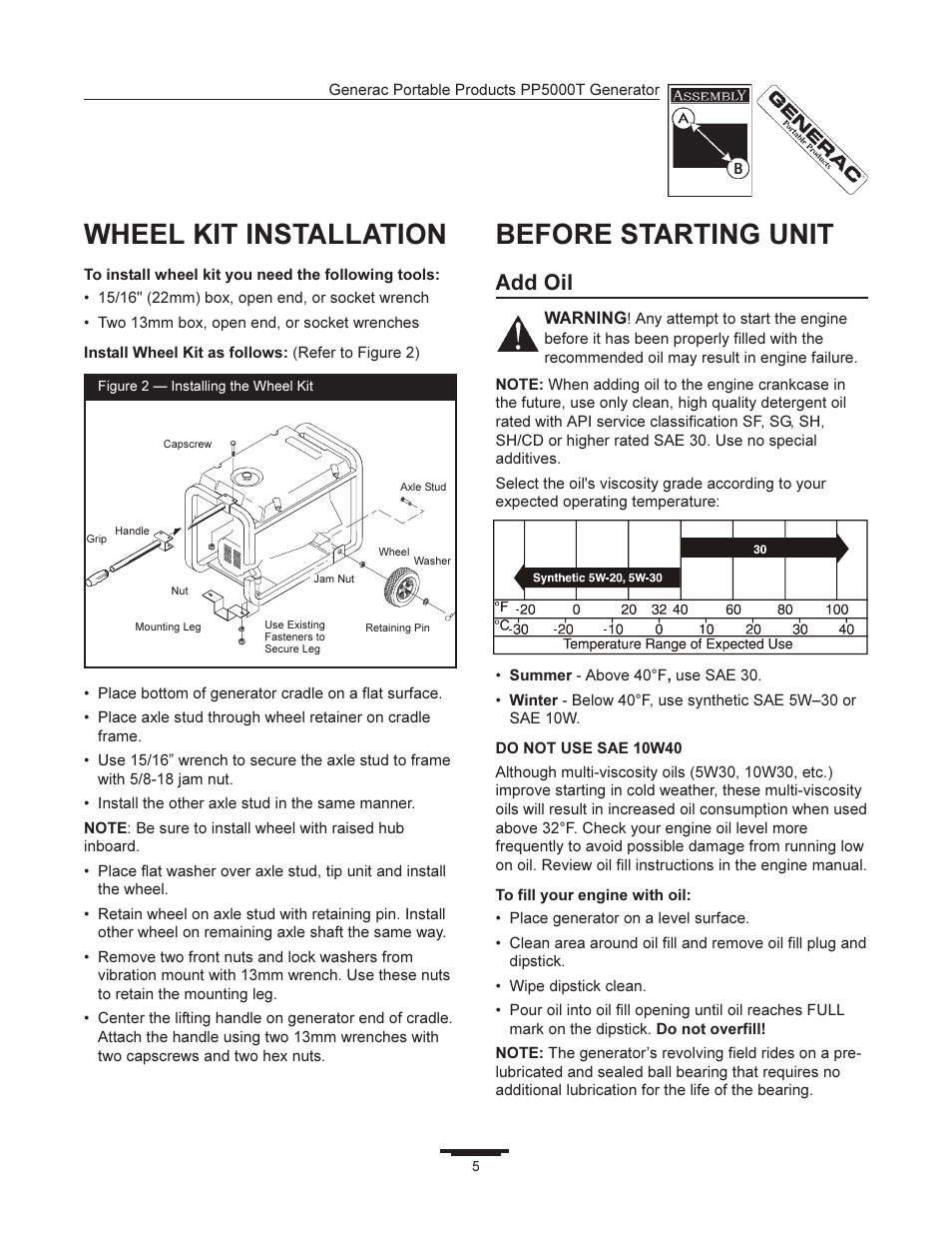 Wheel kit installation, Before starting unit, Add oil | Generac 11400 User Manual | Page 5 / 16