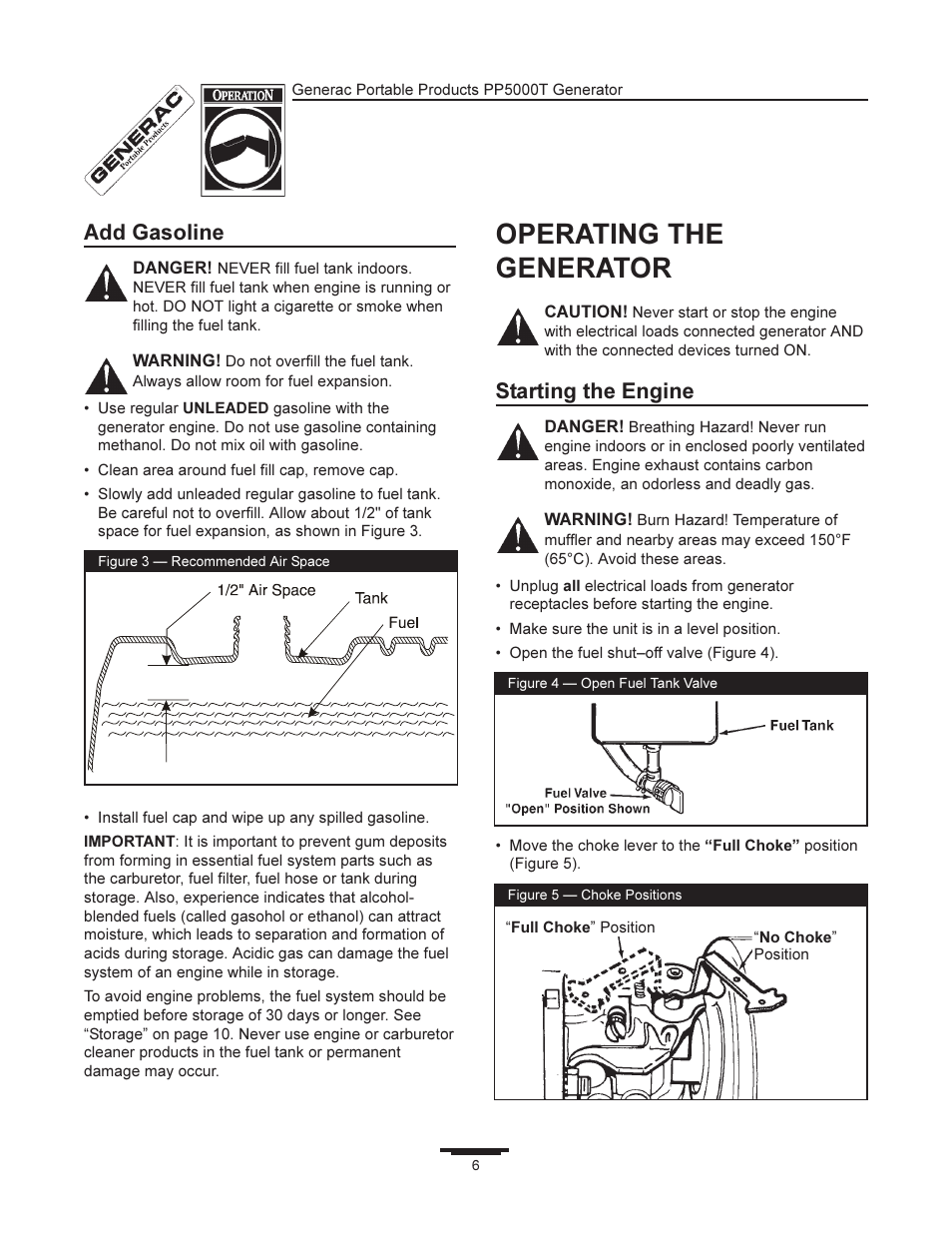 Operating the generator, Add gasoline, Starting the engine | Generac 11400 User Manual | Page 6 / 16