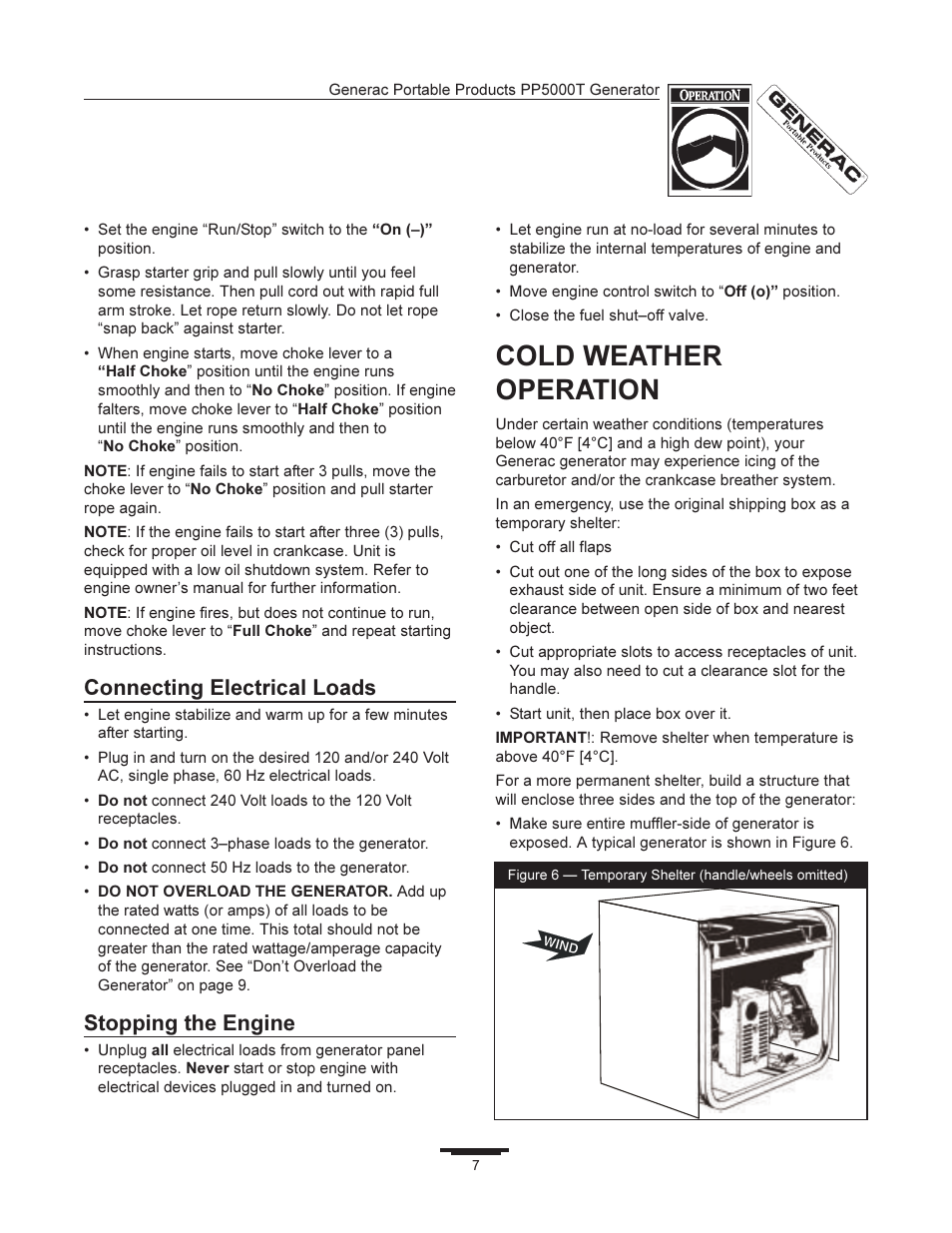 Cold weather operation, Connecting electrical loads, Stopping the engine | Generac 11400 User Manual | Page 7 / 16