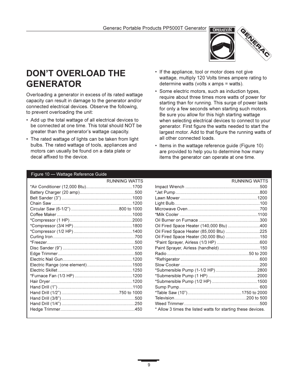 Dont overload the generator | Generac 11400 User Manual | Page 9 / 16