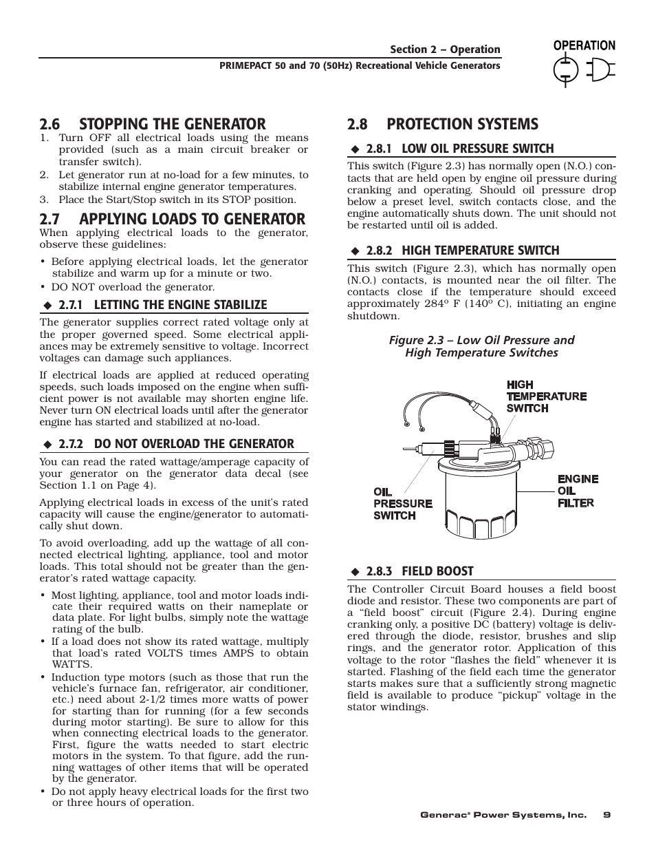 6 stopping the generator, 7 applying loads to generator, 8 protection systems | Generac 00784-2 User Manual | Page 11 / 52