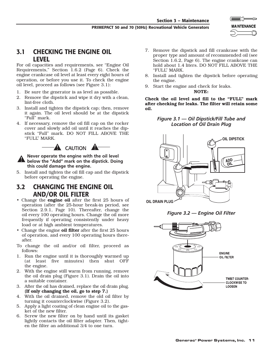 1 checking the engine oil level, 2 changing the engine oil and/or oil filter | Generac 00784-2 User Manual | Page 13 / 52