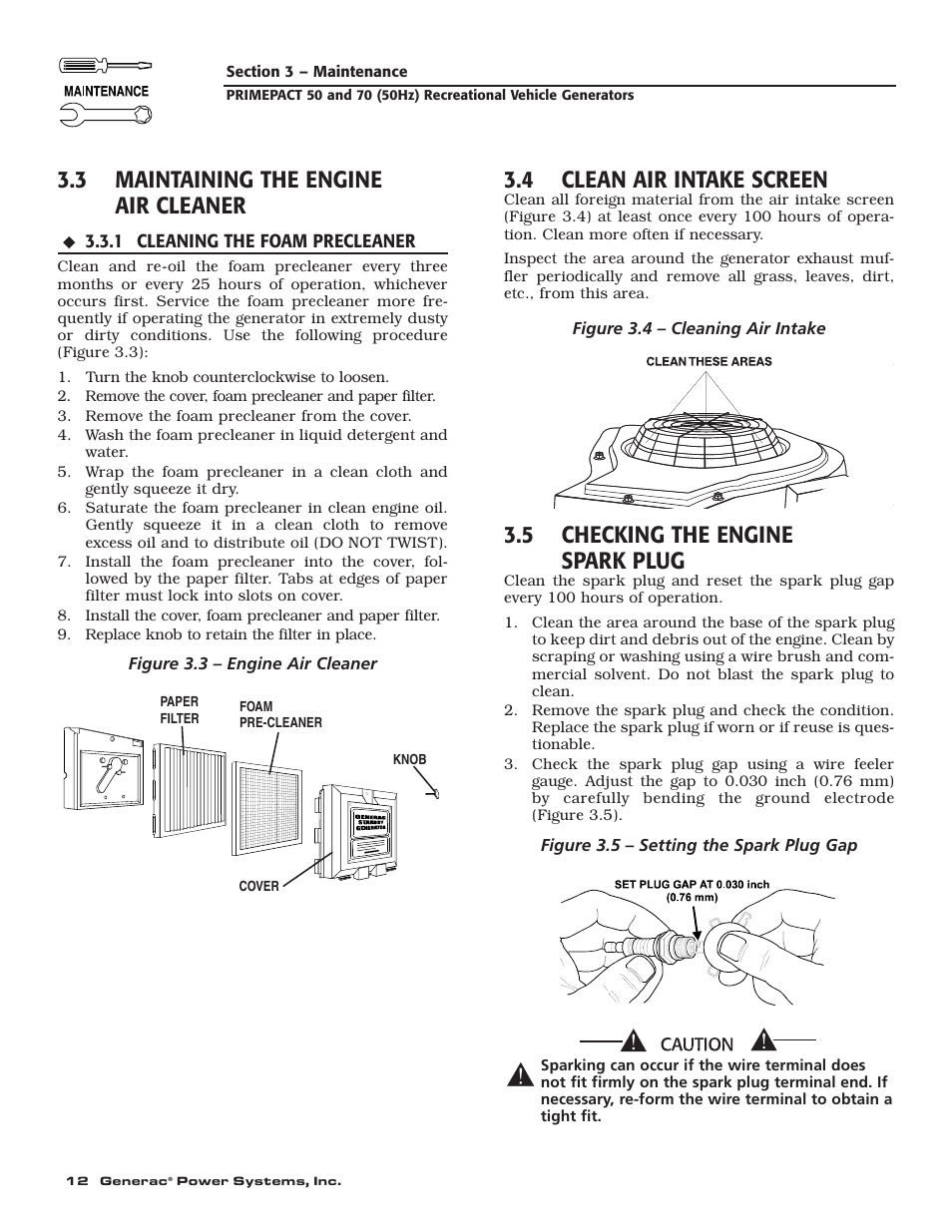 3 maintaining the engine air cleaner, 4 clean air intake screen, 5 checking the engine spark plug | Generac 00784-2 User Manual | Page 14 / 52