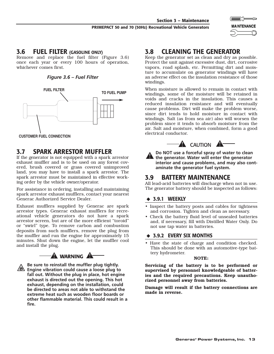 6 fuel filter, 7 spark arrestor muffler, 8 cleaning the generator | 9 battery maintenance | Generac 00784-2 User Manual | Page 15 / 52