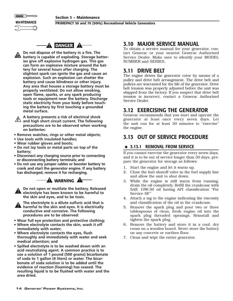 10 major service manual, 11 drive belt, 12 exercising the generator | 13 out of service procedure | Generac 00784-2 User Manual | Page 16 / 52