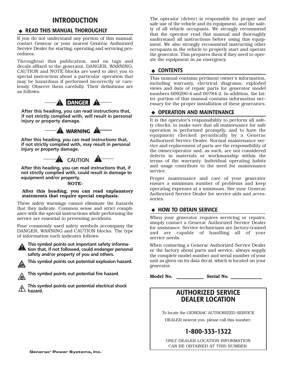 Introduction, Authorized service dealer location | Generac 00784-2 User Manual | Page 2 / 52