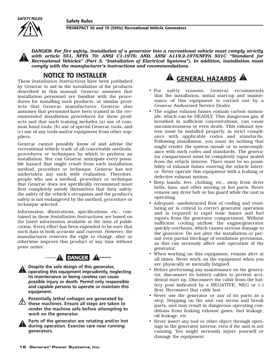Notice to installer, General hazards | Generac 00784-2 User Manual | Page 20 / 52