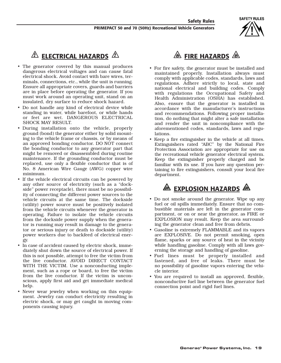 Electrical hazards, Fire hazards, Explosion hazards | Generac 00784-2 User Manual | Page 21 / 52