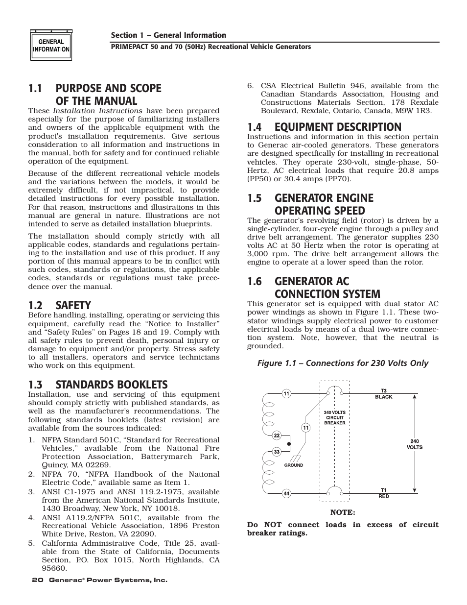 1 purpose and scope of the manual, 2 safety, 3 standards booklets | 4 equipment description, 5 generator engine operating speed, 6 generator ac connection system | Generac 00784-2 User Manual | Page 22 / 52