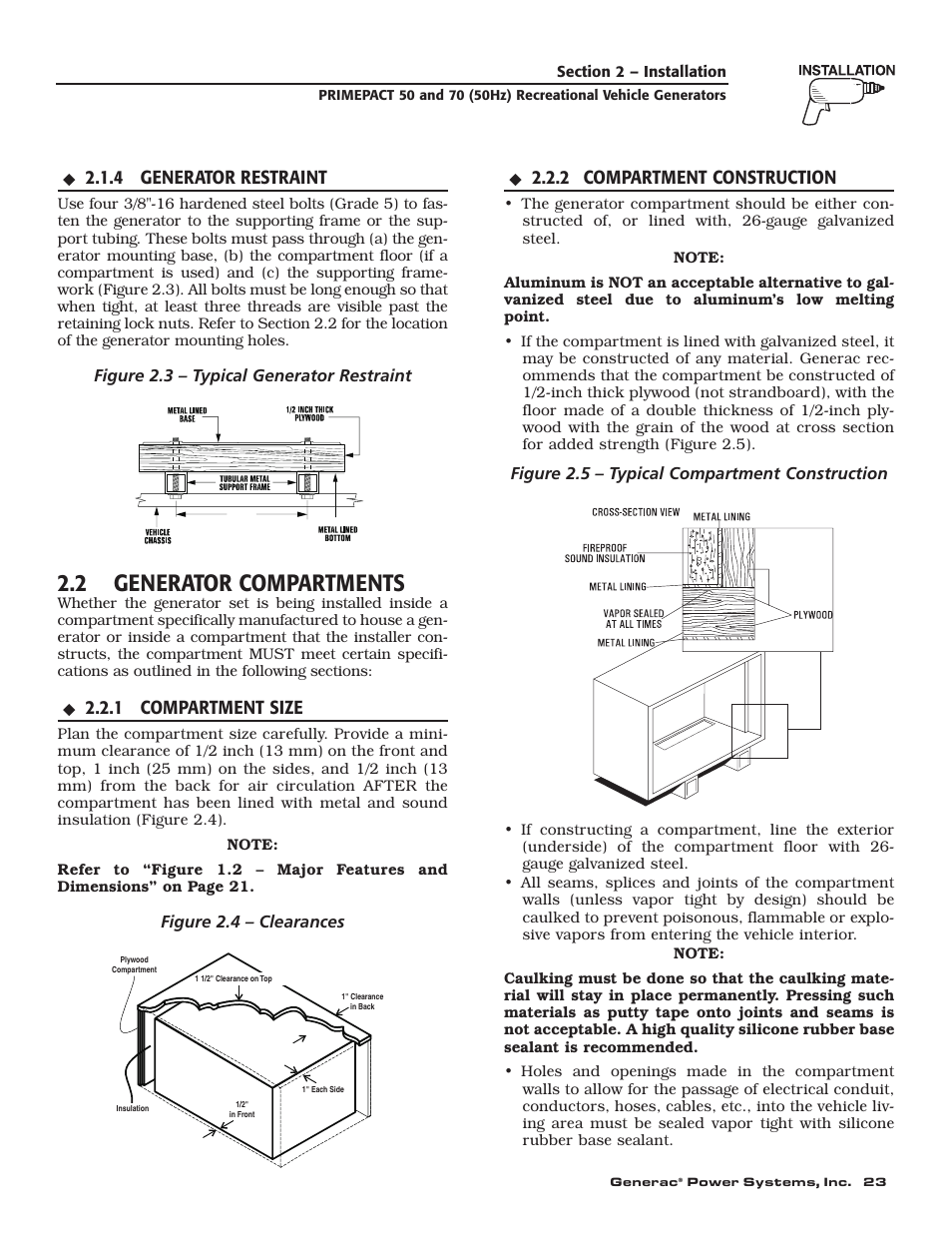 2 generator compartments, 4 generator restraint, 1 compartment size | 2 compartment construction | Generac 00784-2 User Manual | Page 25 / 52