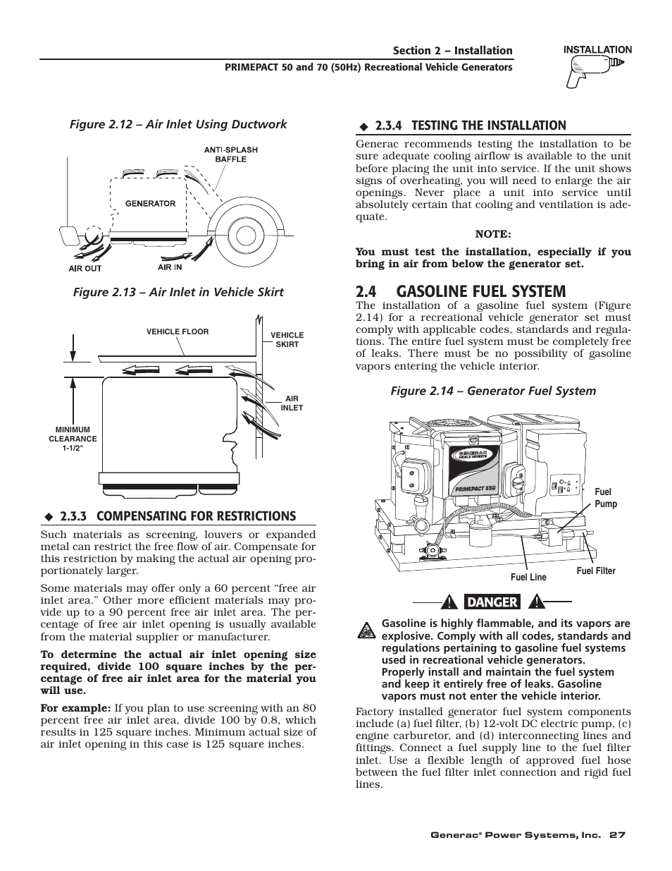 4 gasoline fuel system, 3 compensating for restrictions, 4 testing the installation | Generac 00784-2 User Manual | Page 29 / 52