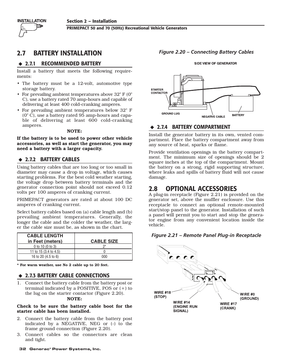 7 battery installation, 8 optional accessories | Generac 00784-2 User Manual | Page 34 / 52