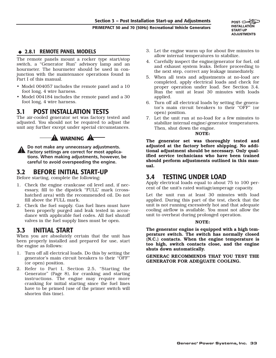 1 post installation tests, 2 before initial start-up, 3 initial start | 4 testing under load | Generac 00784-2 User Manual | Page 35 / 52
