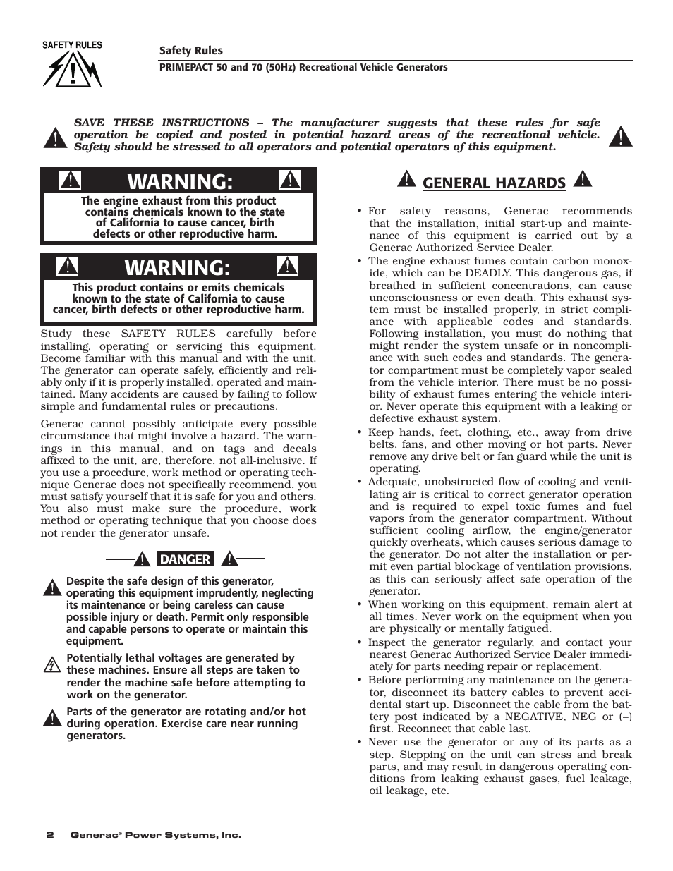 Warning, General hazards | Generac 00784-2 User Manual | Page 4 / 52