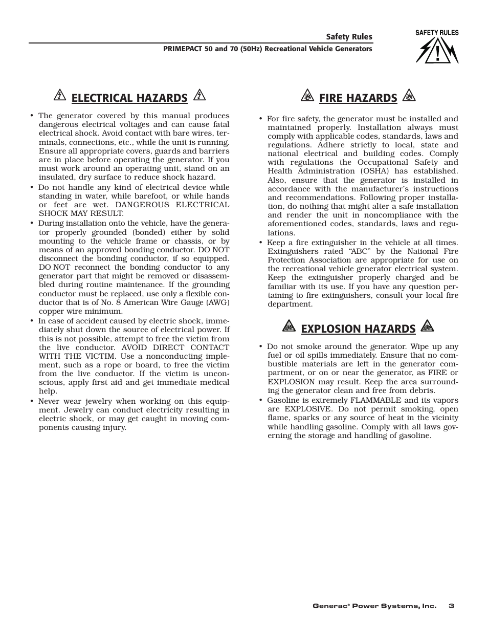 Electrical hazards, Fire hazards, Explosion hazards | Generac 00784-2 User Manual | Page 5 / 52