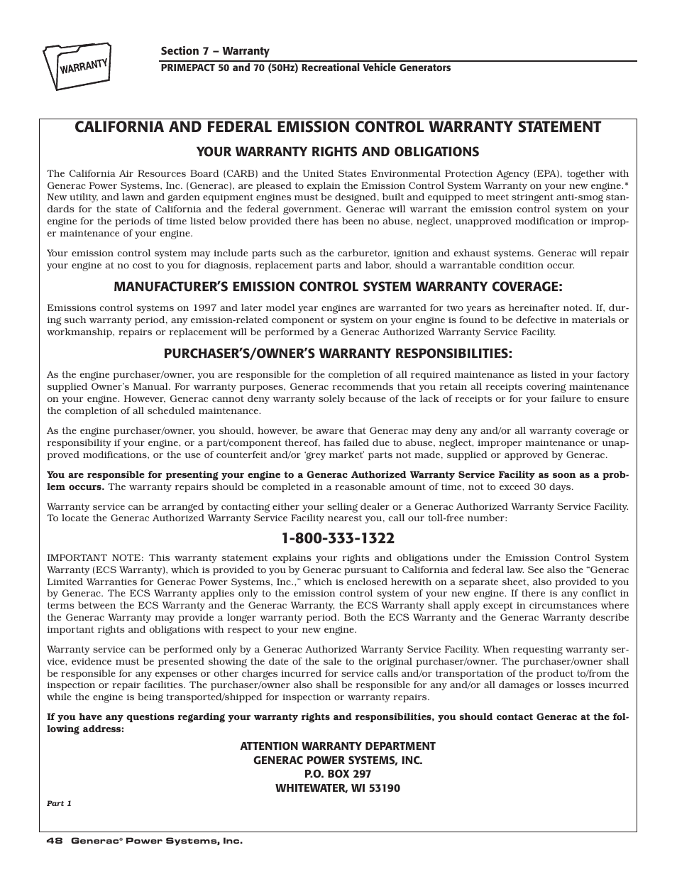 Your warranty rights and obligations, Purchaser’s/owner’s warranty responsibilities | Generac 00784-2 User Manual | Page 50 / 52
