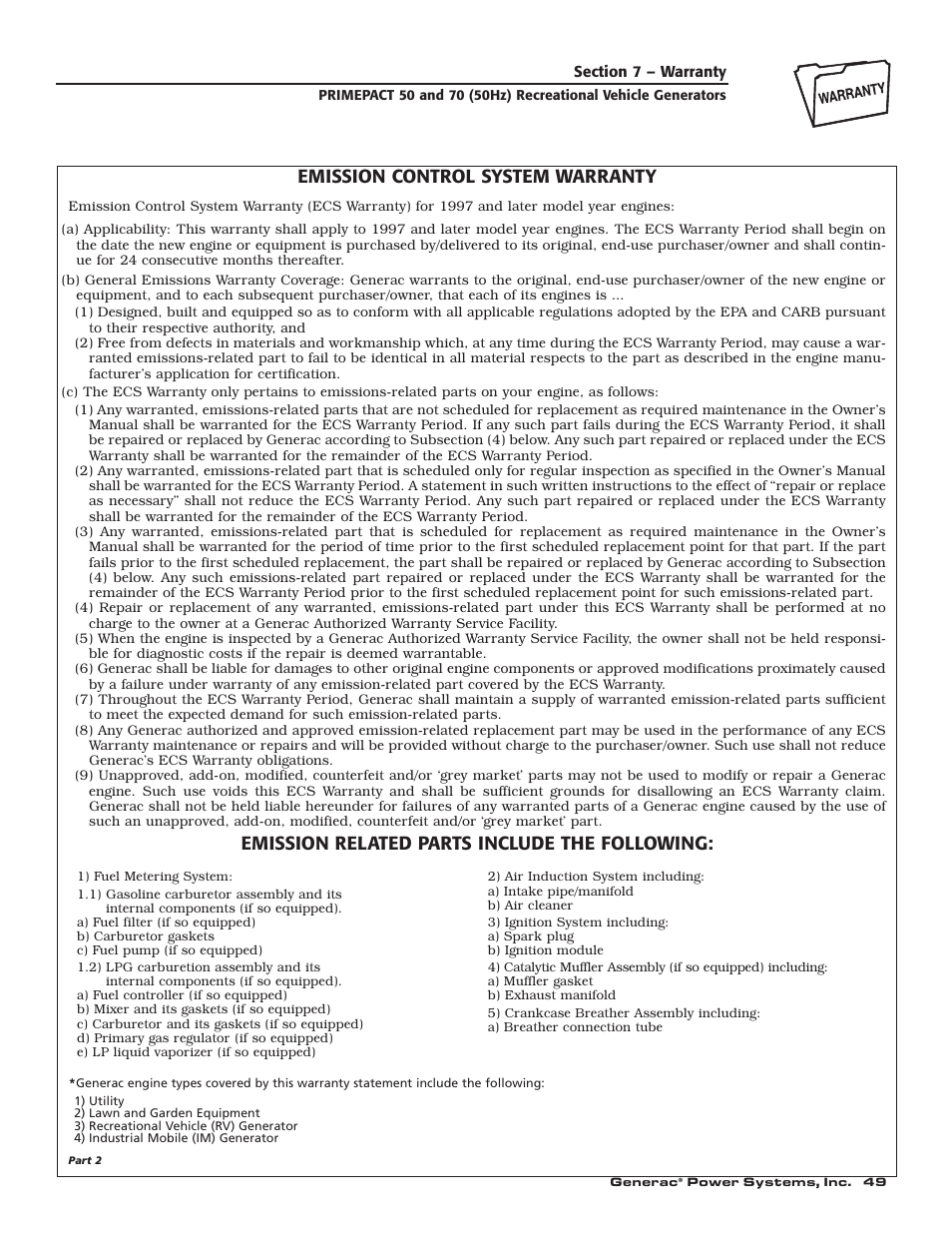 Emission control system warranty, Emission related parts include the following | Generac 00784-2 User Manual | Page 51 / 52