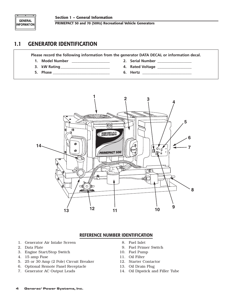 1 generator identification | Generac 00784-2 User Manual | Page 6 / 52