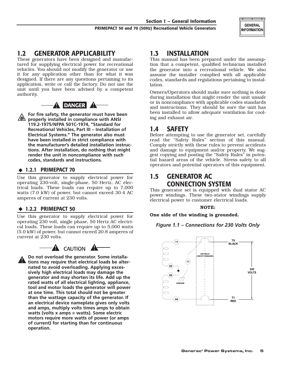 2 generator applicability, 3 installation, 4 safety | 5 generator ac connection system | Generac 00784-2 User Manual | Page 7 / 52