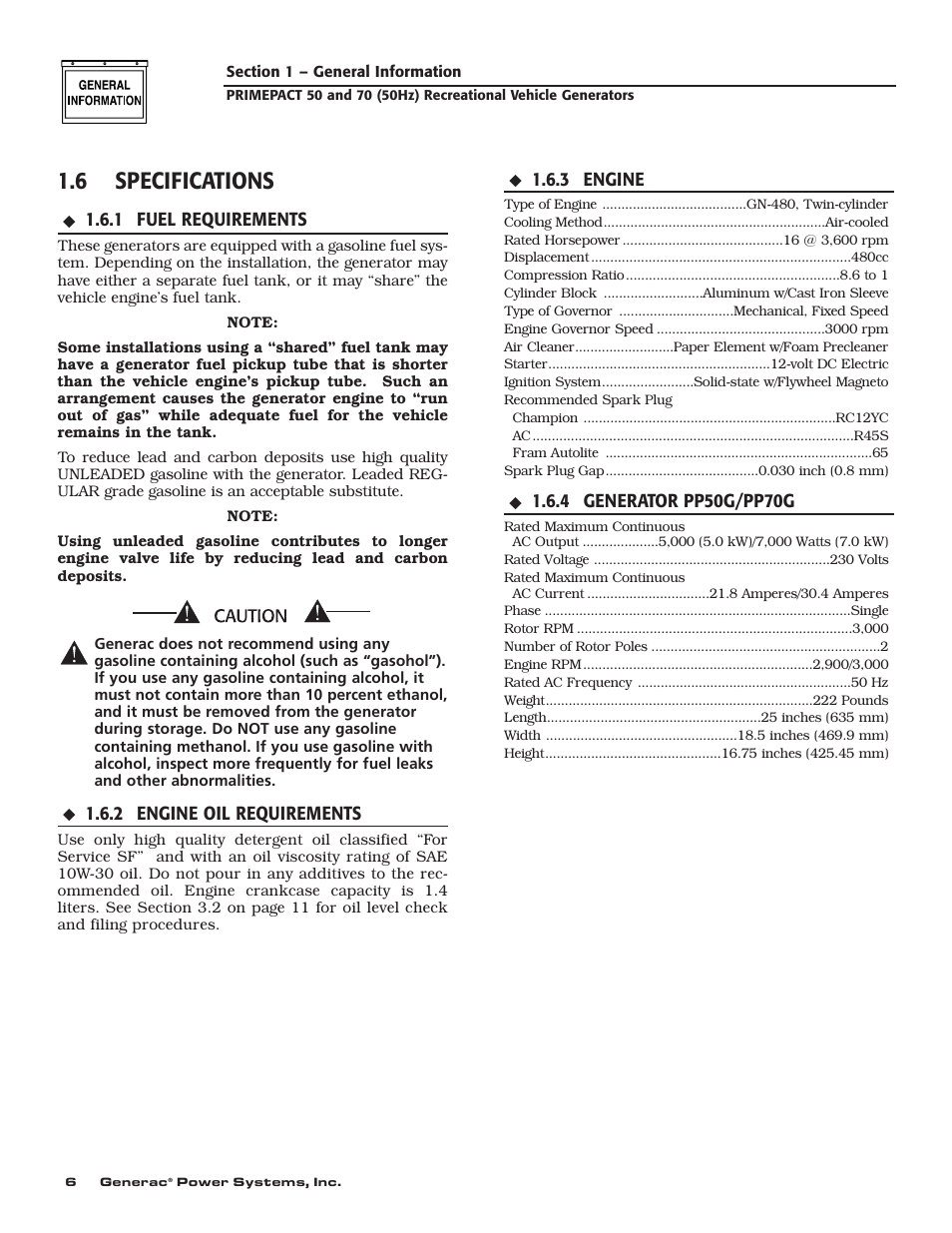 6 specifications | Generac 00784-2 User Manual | Page 8 / 52