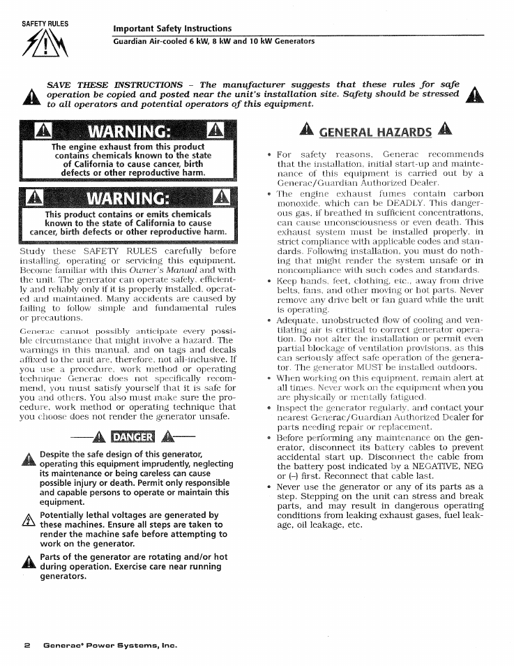 Warning | Generac DUARDIAN 04077-2 User Manual | Page 4 / 44