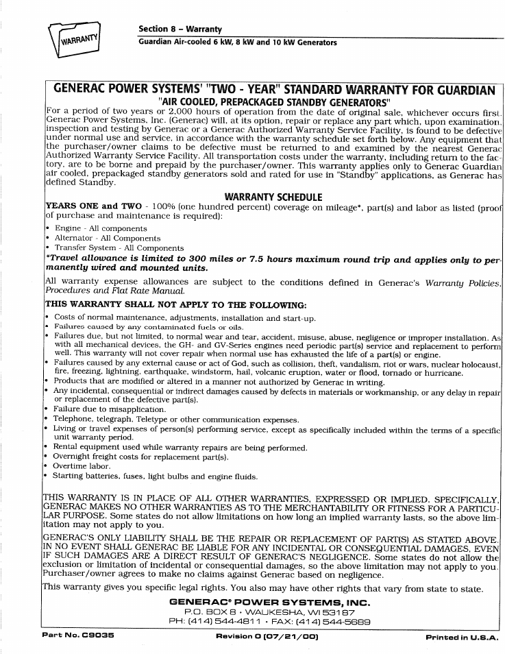 Years one, Travel allowance | Generac DUARDIAN 04077-2 User Manual | Page 44 / 44