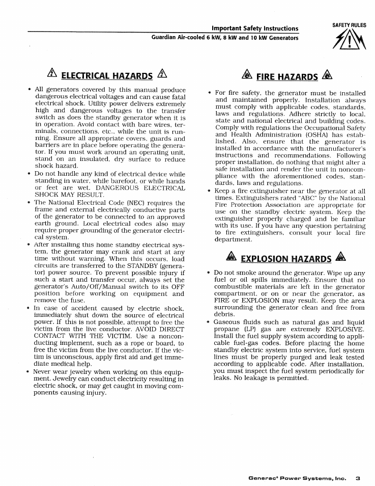Electrical hazards, Fire hazards, Explosion hazards | Generac DUARDIAN 04077-2 User Manual | Page 5 / 44