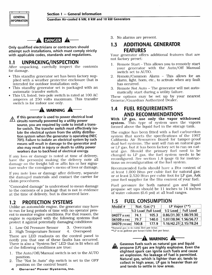 1 unpacking/inspeaion, 5 fuel consumption, 1 unpacking/inspection | No alarms are present | Generac DUARDIAN 04077-2 User Manual | Page 6 / 44