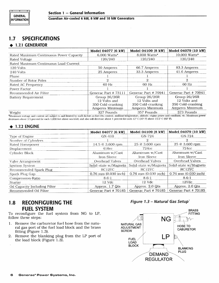 7 specifications, 8 reconfiguring the fuel system | Generac DUARDIAN 04077-2 User Manual | Page 8 / 44