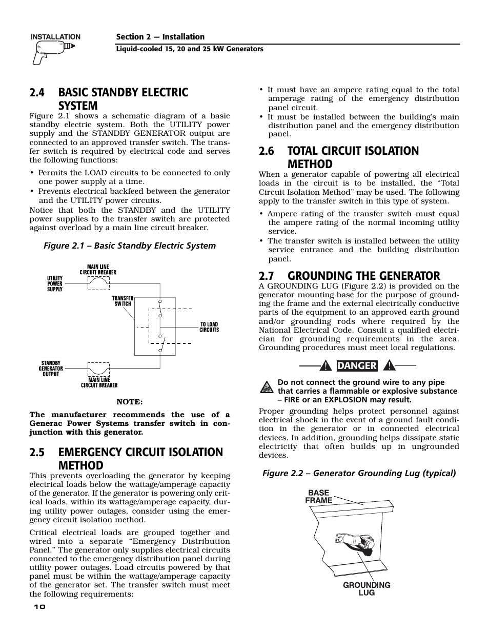 4 basic standby electric system, 5 emergency circuit isolation method, 6 total circuit isolation method | 7 grounding the generator | Generac 005030-0 User Manual | Page 12 / 60